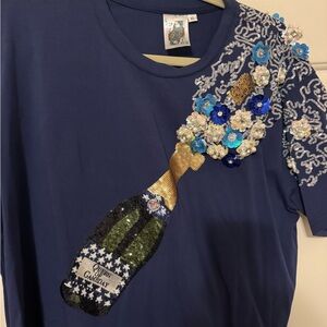 QUEEN OF SPARKLES “Queen of Gameday” Blue Champagne Embellished Blouse